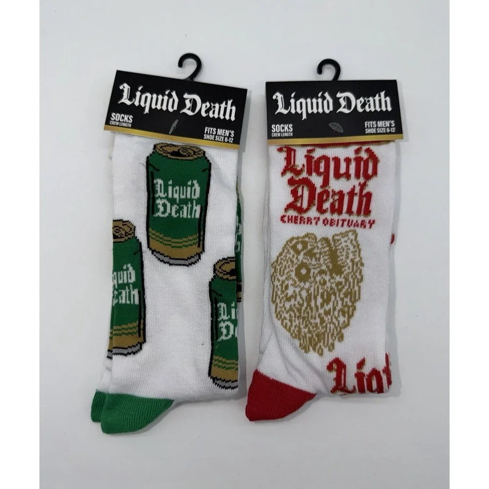 LIQUID DEATH Men's Socks 2 Pairs Crew Length Energy Drink 2 Pk NEW Size 6-12